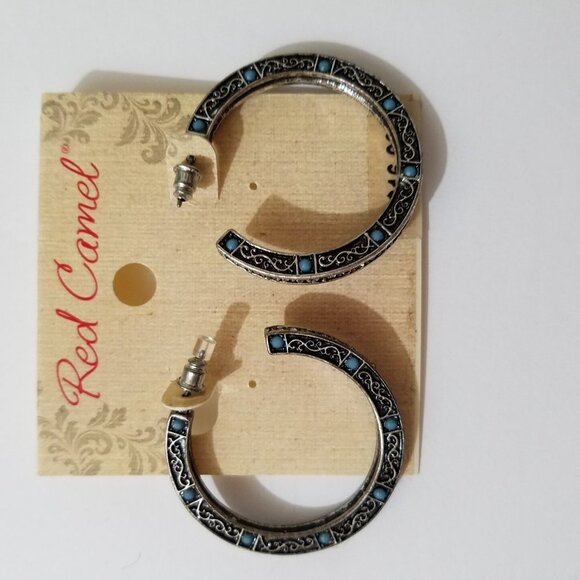 Red Camel Hoop Earrings Turquoise and Rhinestones Boho Hippie Girl 1.5" - Picture 5 of 10